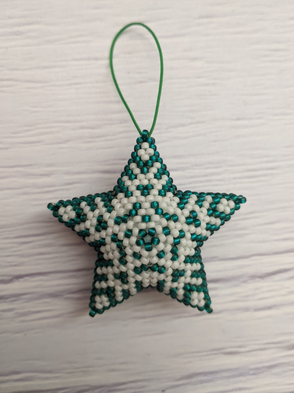 Handcrafted Teal and White Beaded Star Ornament - Home Holiday Decor
